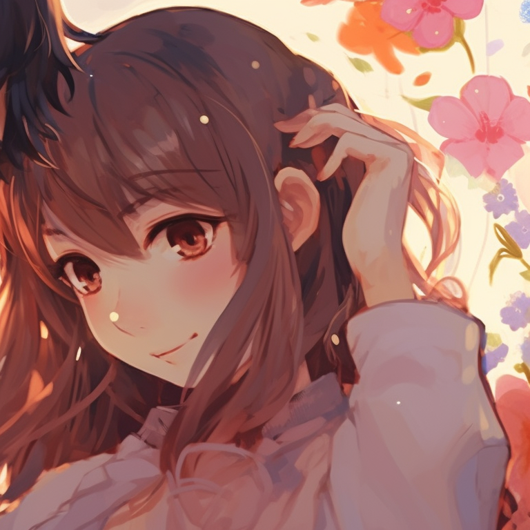 Two characters surrounded by blooming flowers, bright colors and pleasant smiles. captivating matching pfp for romantic couples pfp for discord.