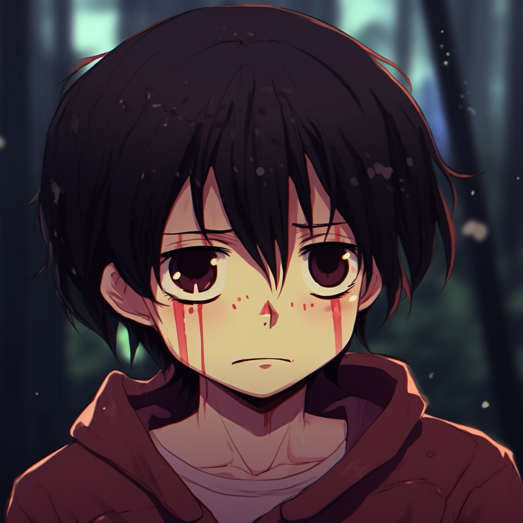 Luffy from One Piece, grief-stricken expression with darkened colors. most poignant anime sad pfps