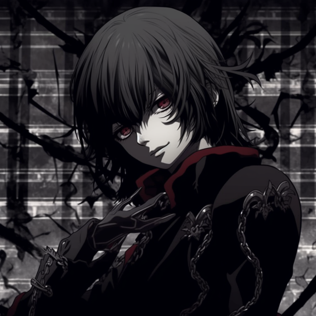 Kaname Kuran from Vampire Knight, characterized by dark hues and intricate details. gothic aesthetics in anime pfp