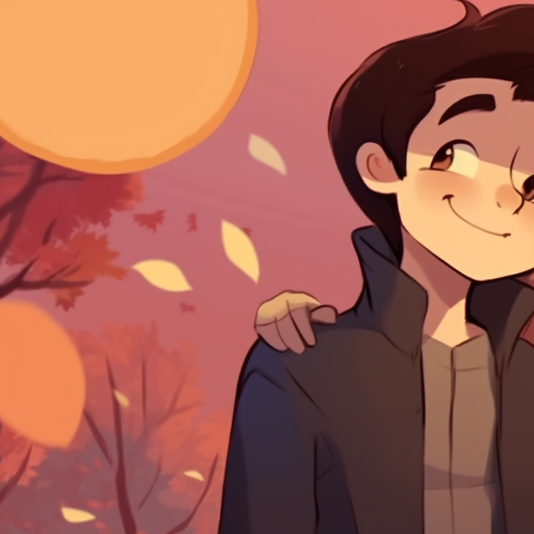 Two characters, under autumn trees with leaves falling, exchanging smiles. matching pfp for romantic cartoon couples pfp for discord.