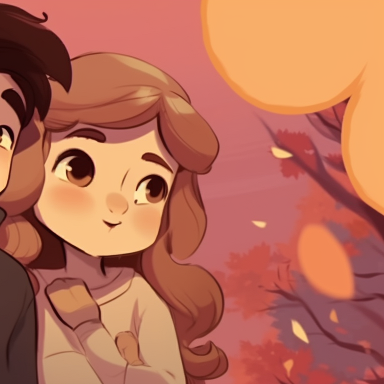 Two characters, under autumn trees with leaves falling, exchanging smiles. matching pfp for romantic cartoon couples pfp for discord.