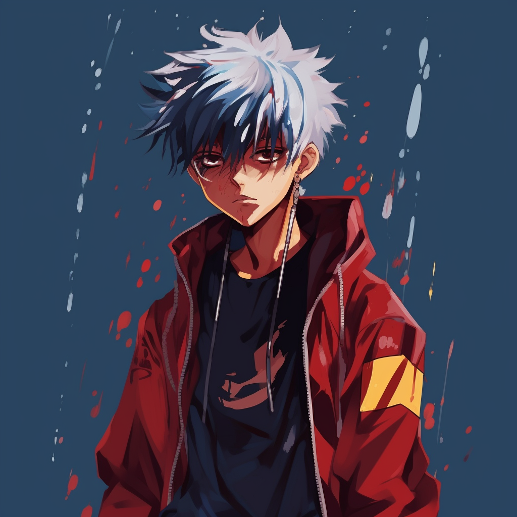Todoroki in a relaxed pose featuring his drip style outfit, a dynamic balance of cool and warm tones. charming drip anime characters pfp for discord.