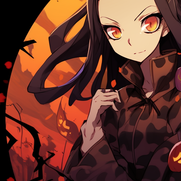 Silhouettes of Zenitsu and Nezuko, spooky ambiance and cool-toned background colors. zenitsu and nezuko halloween wallpapers pfp for discord.
