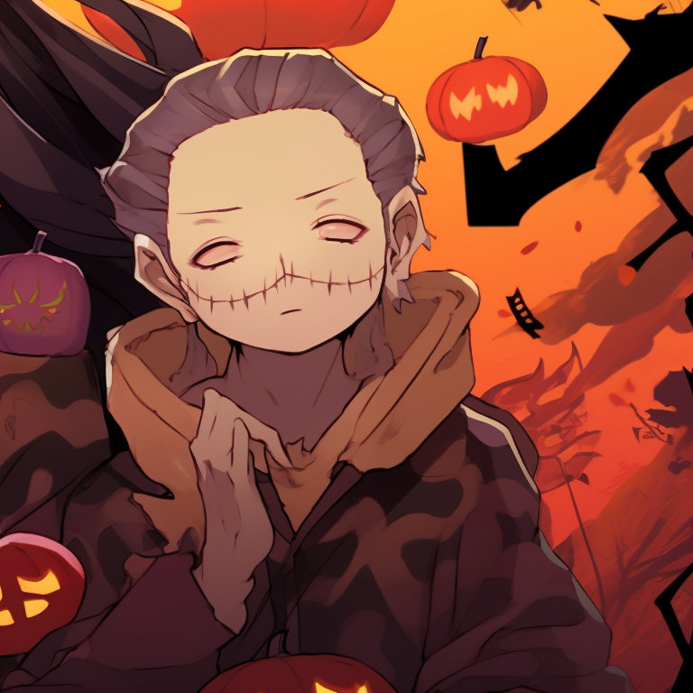 Silhouettes of Zenitsu and Nezuko, spooky ambiance and cool-toned background colors. zenitsu and nezuko halloween wallpapers pfp for discord.