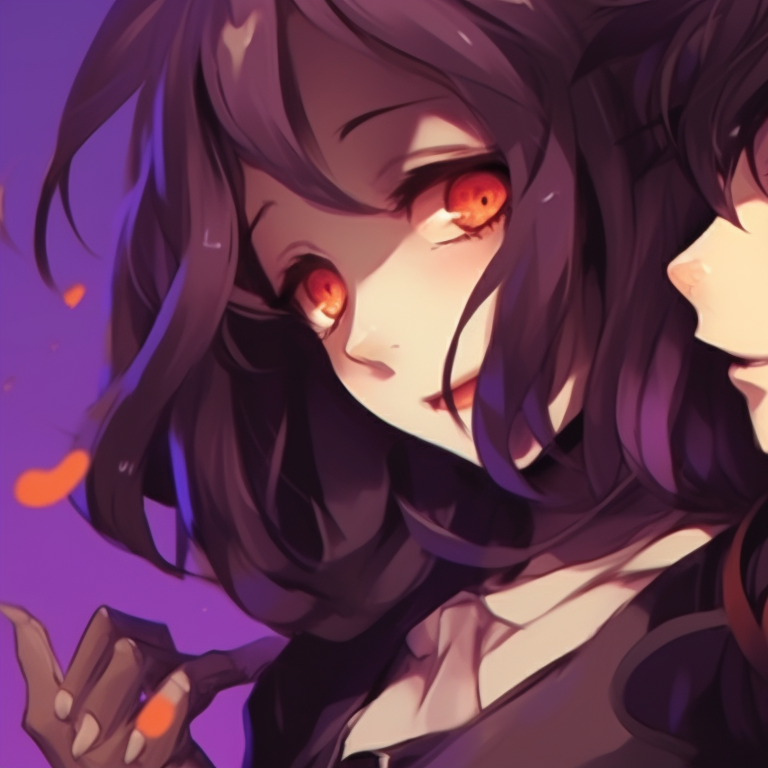 Two characters, contrasting auras, spectral hues and intense expressions, hands touching. dark matching pfp halloween theme couples pfp for discord.