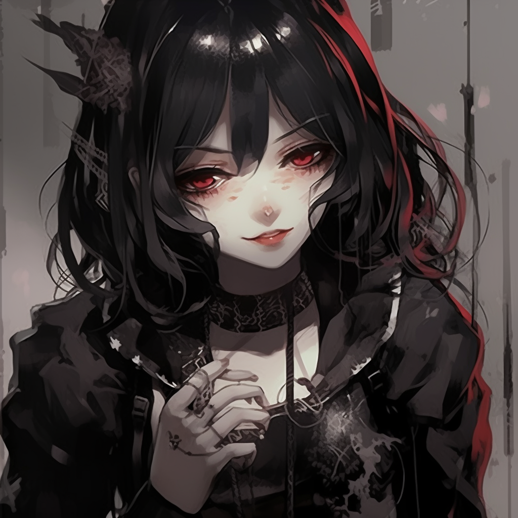 Sophisticated portrayal of a goth anime girl, highlighting unique clothing patterns and elaborate hair design. goth anime girl visuals pfp for discord.