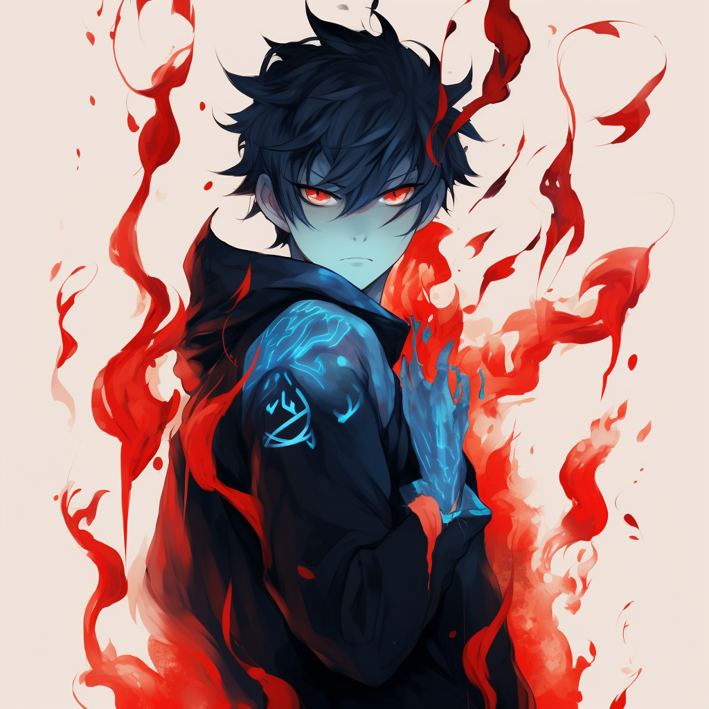 Rin Okumura as a flame swordsman, striking pose and dynamic lines popular demon anime pfp pfp for discord.