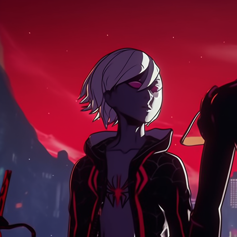 Miles Morales and a friend, costumed in Halloween themed Spider-Man gear, perched high above a ghostly city. miles morales halloween themed pfps pfp for discord.