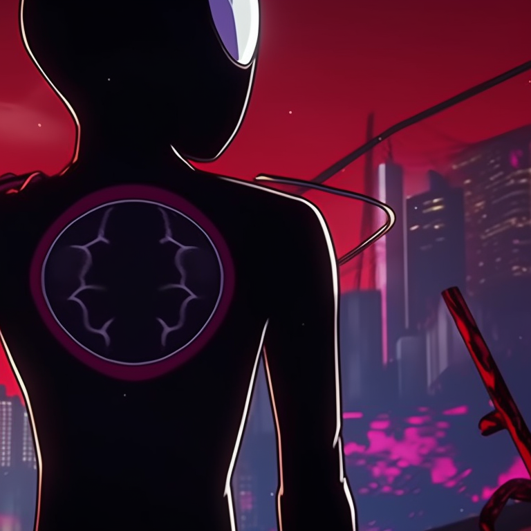 Miles Morales and a friend, costumed in Halloween themed Spider-Man gear, perched high above a ghostly city. miles morales halloween themed pfps pfp for discord.