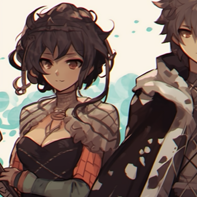 Three characters, diverse races and species, contrasting elements and a lush, fantastical setting. famous matching trio pfp characters pfp for discord.