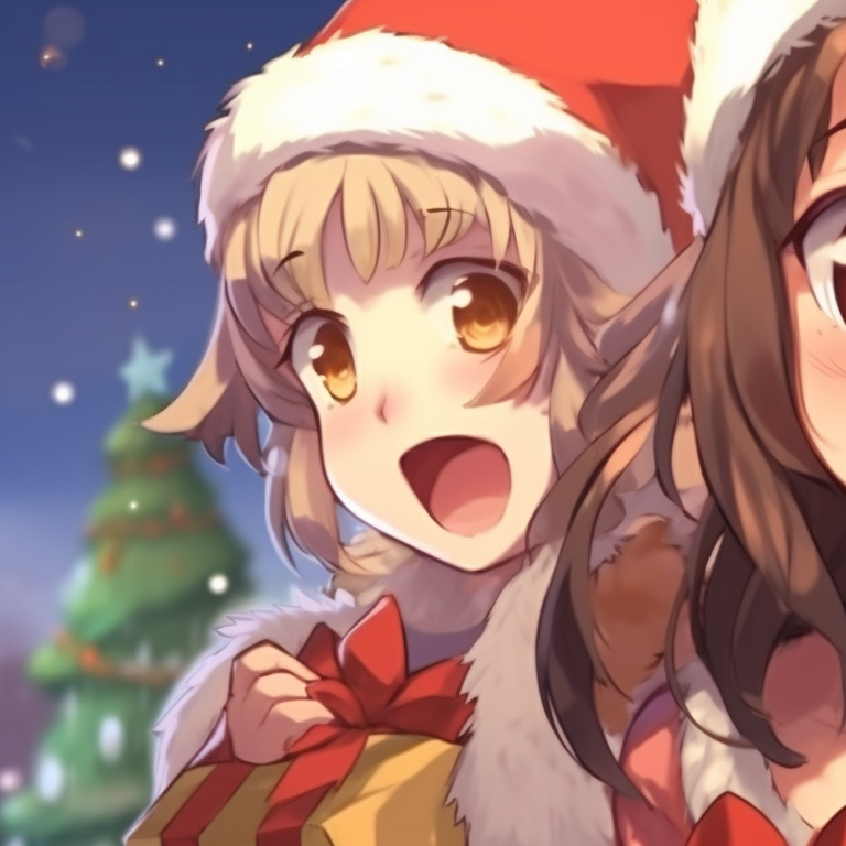 Two characters, dressed in green and red holiday outfits, exchanging presents, with a warm, glowing backdrop. eye-catching matching christmas pfp for discord pfp for discord.