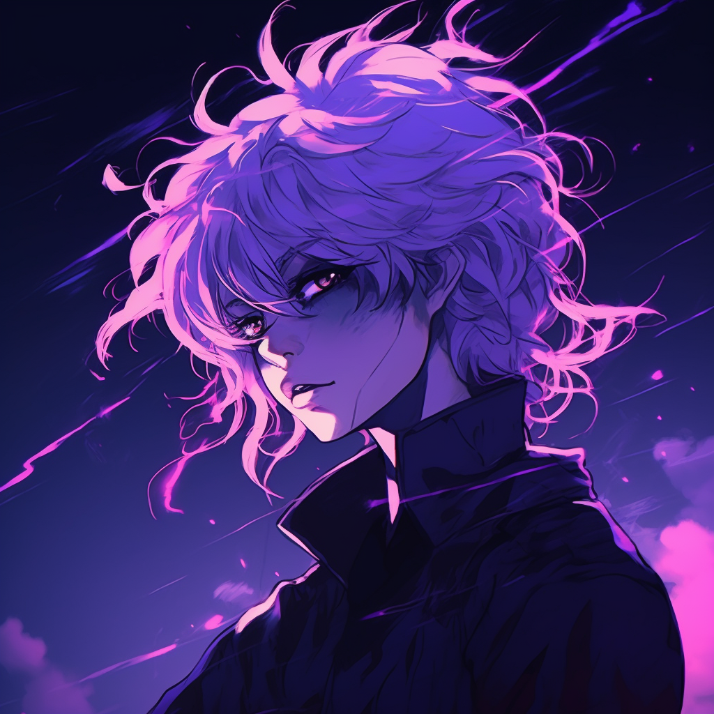 Anime profile enveloped in a starry night setting with glimmering purple details, atmospheric contrast and glossy highlights. aesthetic purple anime pfp pfp for discord.