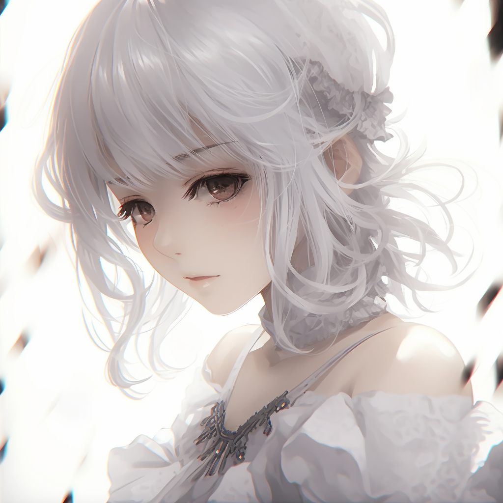 A dazzling close-up portrait of a white-haired anime girl, the art focuses on the radiant eyes and exquisite hair detailing. white hair anime pfp girl