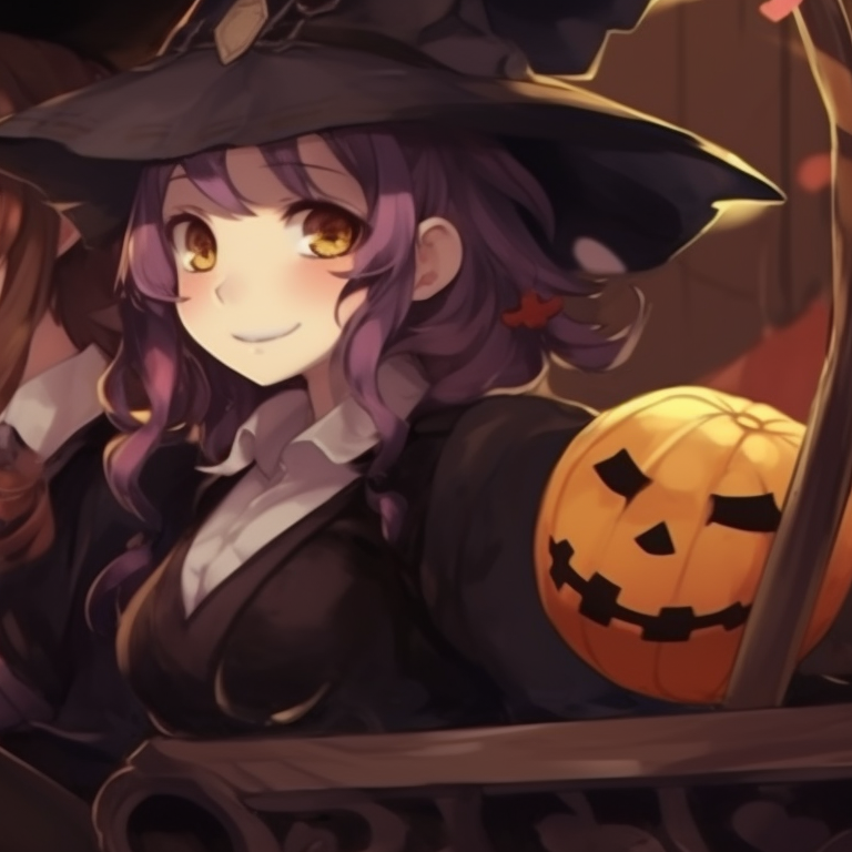 Two characters as witches, eccentric attire and vivid potions, sharing a broomstick ride. aesthetic halloween matching couple pfp real life pfp for discord.