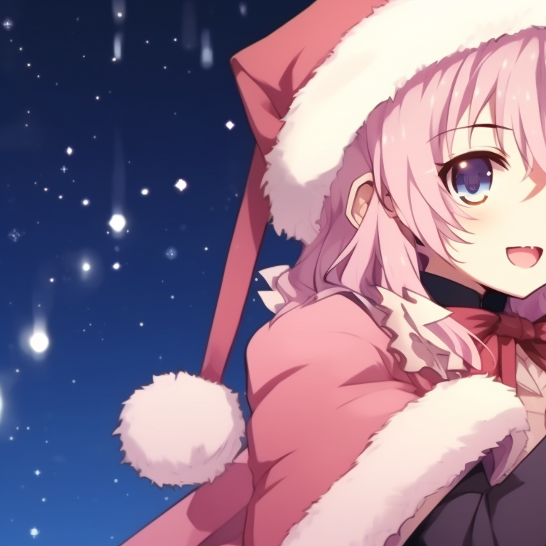 Two characters, Astolfo and his companion, under a starlit sky in Christmas outfits, soft pastel colors highlighting the intimacy. astolfo themed christmas matching pfp pfp for discord.