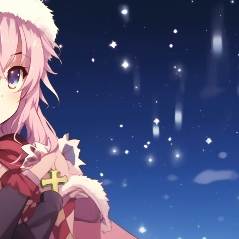 Two characters, Astolfo and his companion, under a starlit sky in Christmas outfits, soft pastel colors highlighting the intimacy. astolfo themed christmas matching pfp pfp for discord.