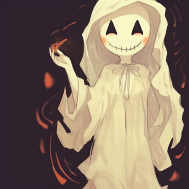 Two ghost characters, delicate spectral lace detailing on their gowns, floating amidst an ominous landscape. importance of ghost matching pfp in halloween theme pfp for discord.