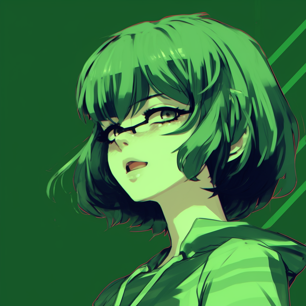 Anime profile of a character with green hair, radiant highlights and balanced composition. whimsical green anime pfp collection