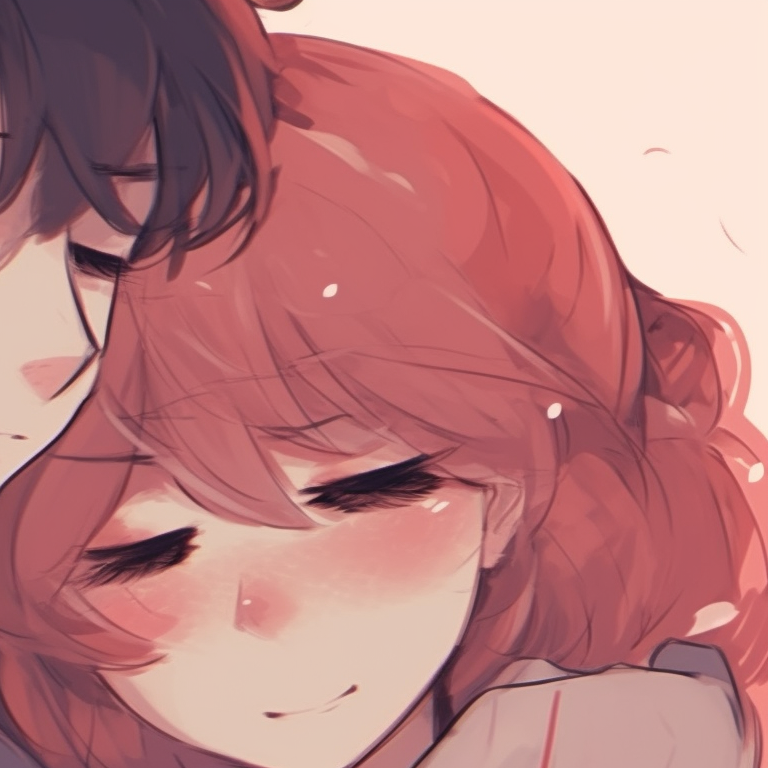 Under a cherry blossom tree, two characters share a gentle kiss, the surrounding full of pastel pink blossoms. romantic cute couple matching pfp pfp for discord.