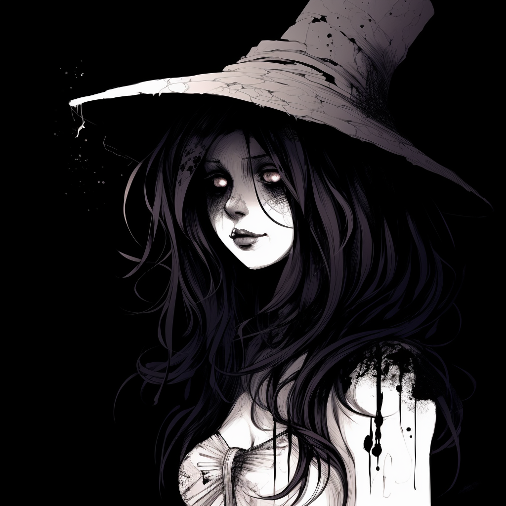 Haunted witch in a sorrowful mood, cold palette and detailed shading. gothic scary anime pfp pfp for discord.