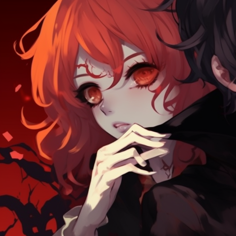 Two characters with gothic attire, dark saturated palette with hints of vibrant red. jjk matching pfp halloween theme ideas pfp for discord.
