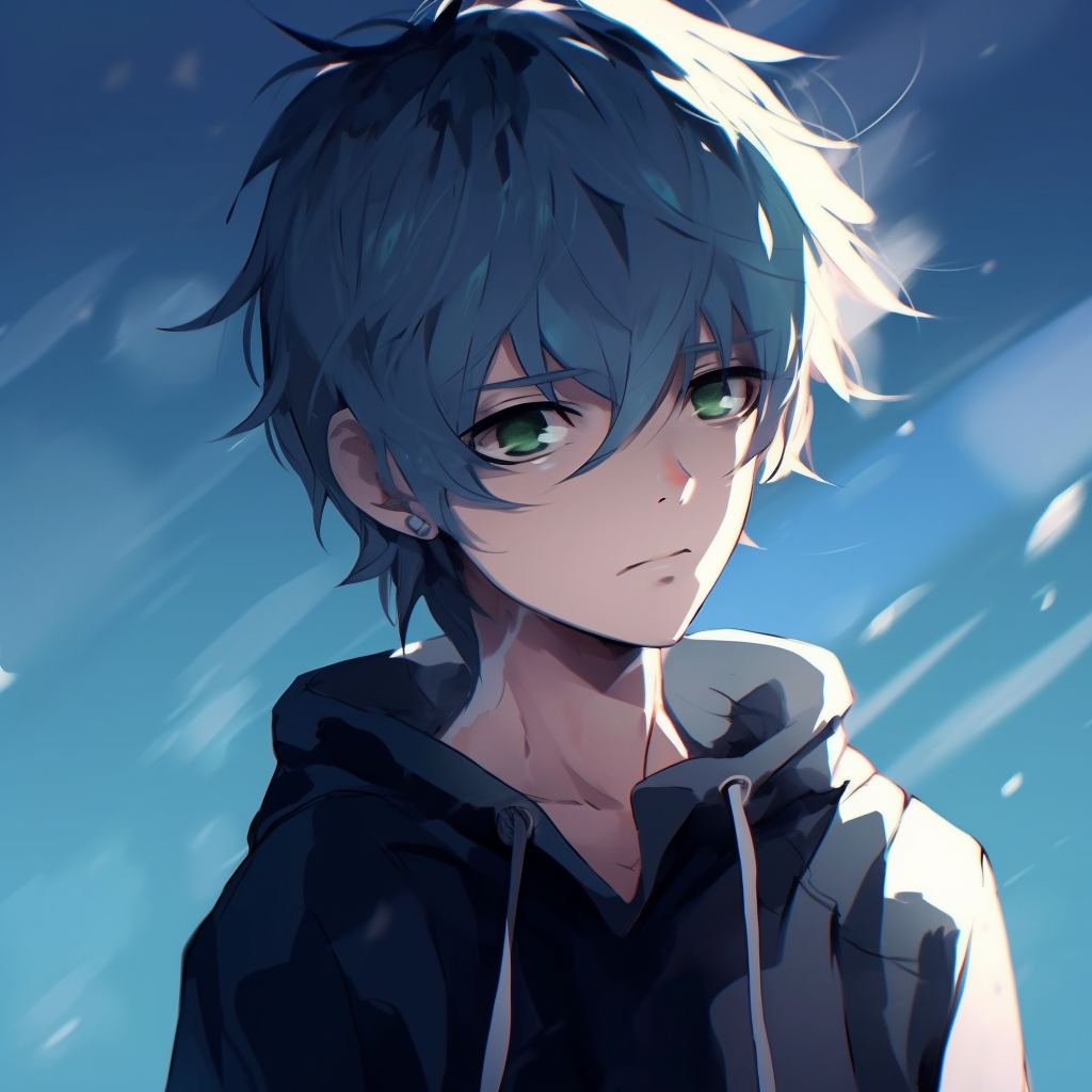 Intense gaze of the blue-haired anime boy, high contrast and intricate linework. anime boy pfp concepts anime pfp