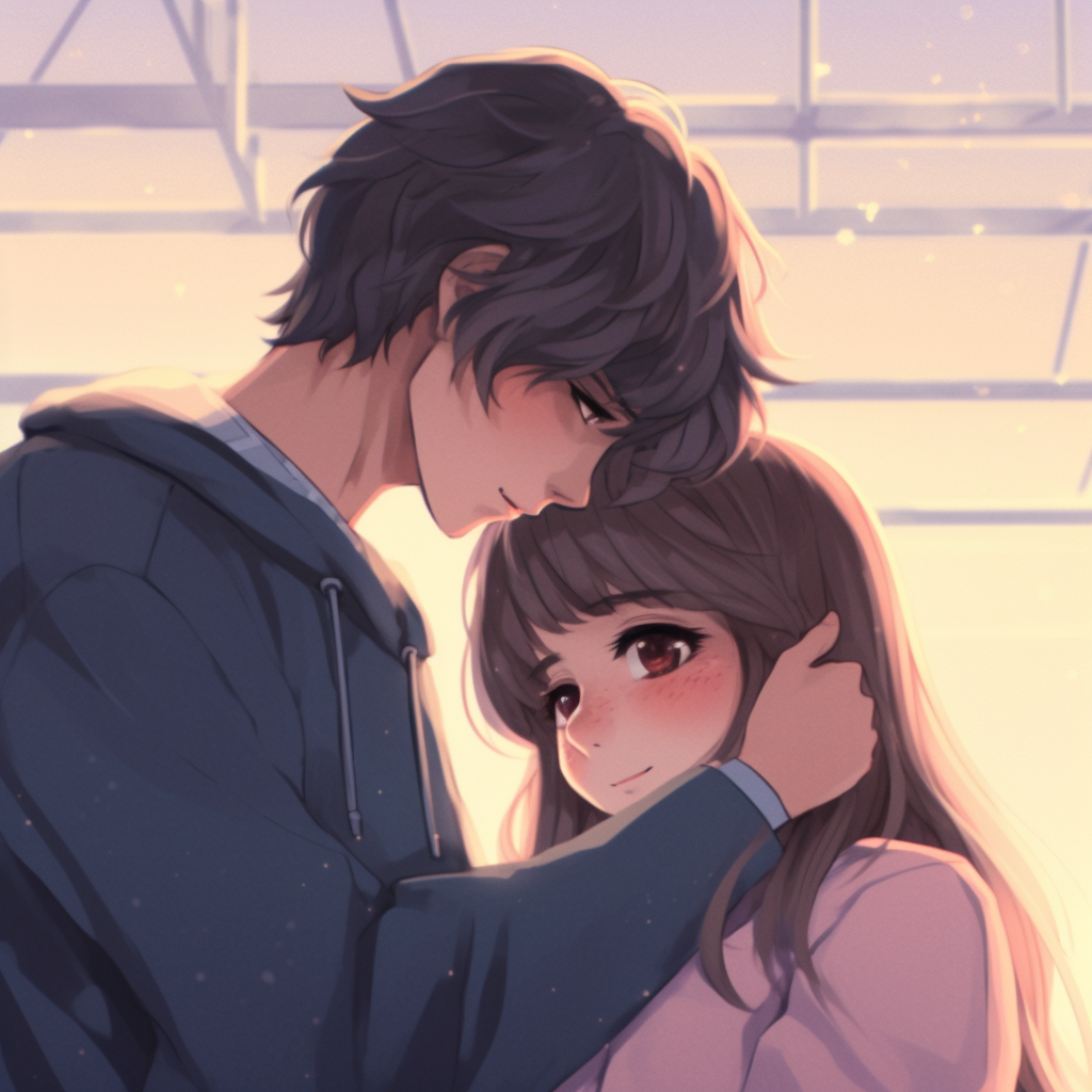 An adorable anime duo in a warm hug, gentle color scheme and smooth linework. adorable couple anime pfp