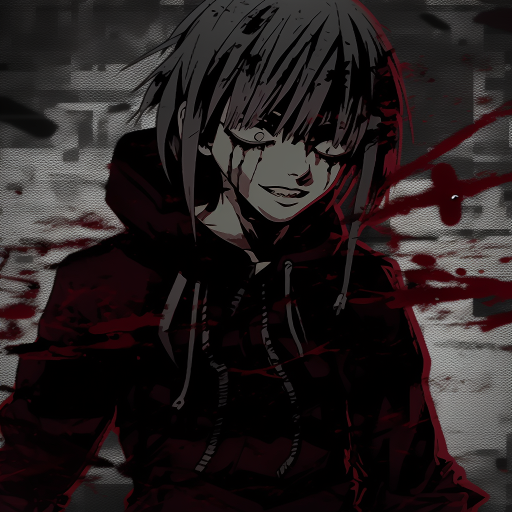 Tokyo Ghoul's Kaneki in grunge style, with grunge textures and monochrome with red accents. innovative grunge anime pfp