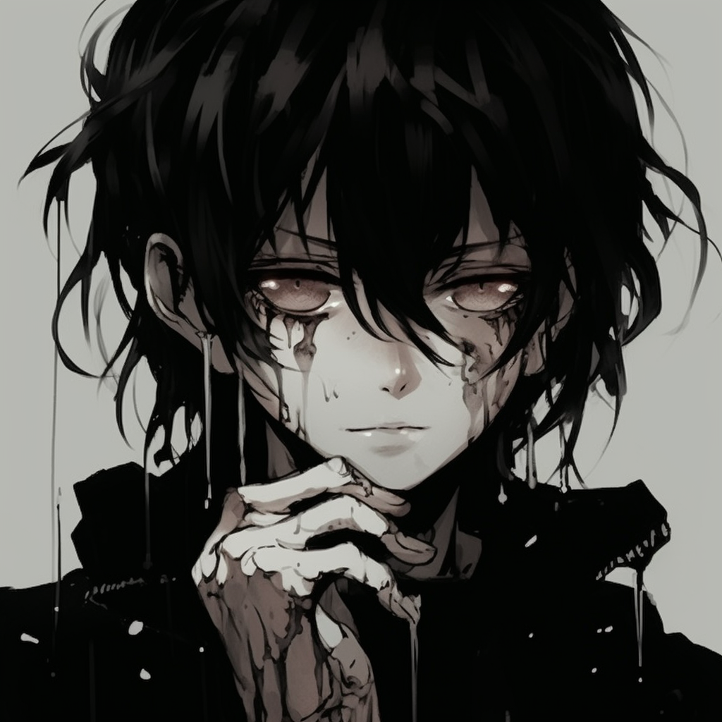 A black and white anime character's face covered in tears, heavy shading and detailed linework. black and white emo anime pfp