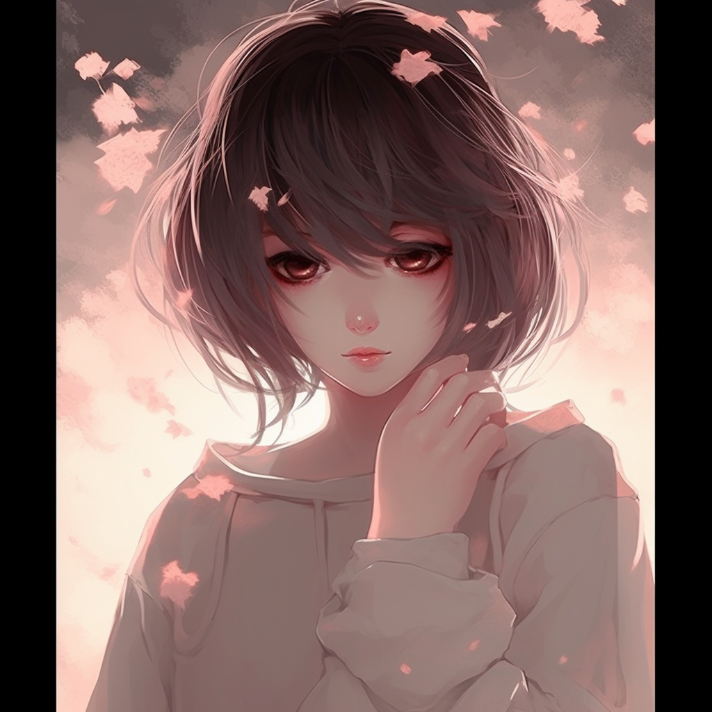 A pensive anime girl amidst sakura blooms, with a soft color palette and dynamic composition. lovely girls in aesthetic anime pfp pfp for discord.