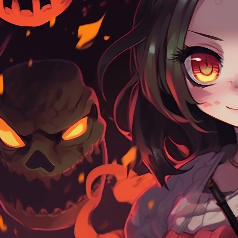 Two characters with sword-drawn, dynamic angles and intense expressions accentuating the looming Halloween-themed threat. matching demon slayer pfp halloween theme illustrations pfp for discord.