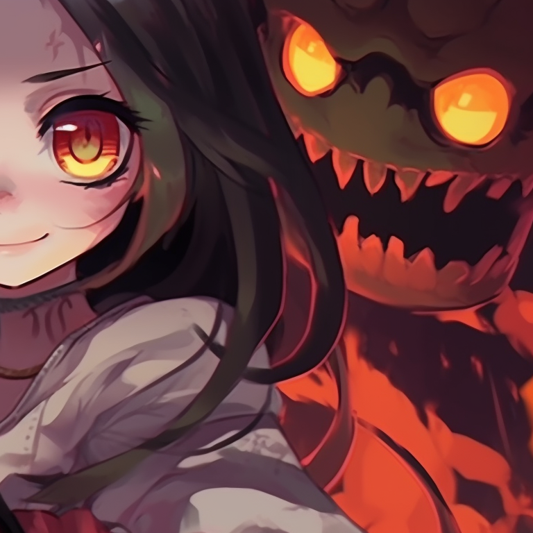 Two characters with sword-drawn, dynamic angles and intense expressions accentuating the looming Halloween-themed threat. matching demon slayer pfp halloween theme illustrations pfp for discord.