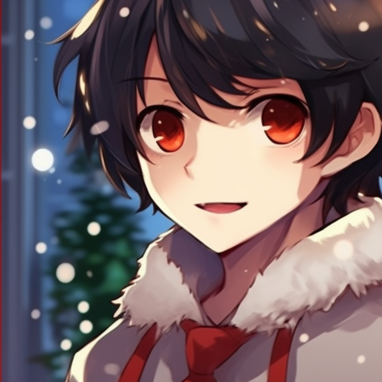 Two characters in winter attire, snowy backdrop, matching smiles. top matching christmas anime boy pfp pfp for discord.