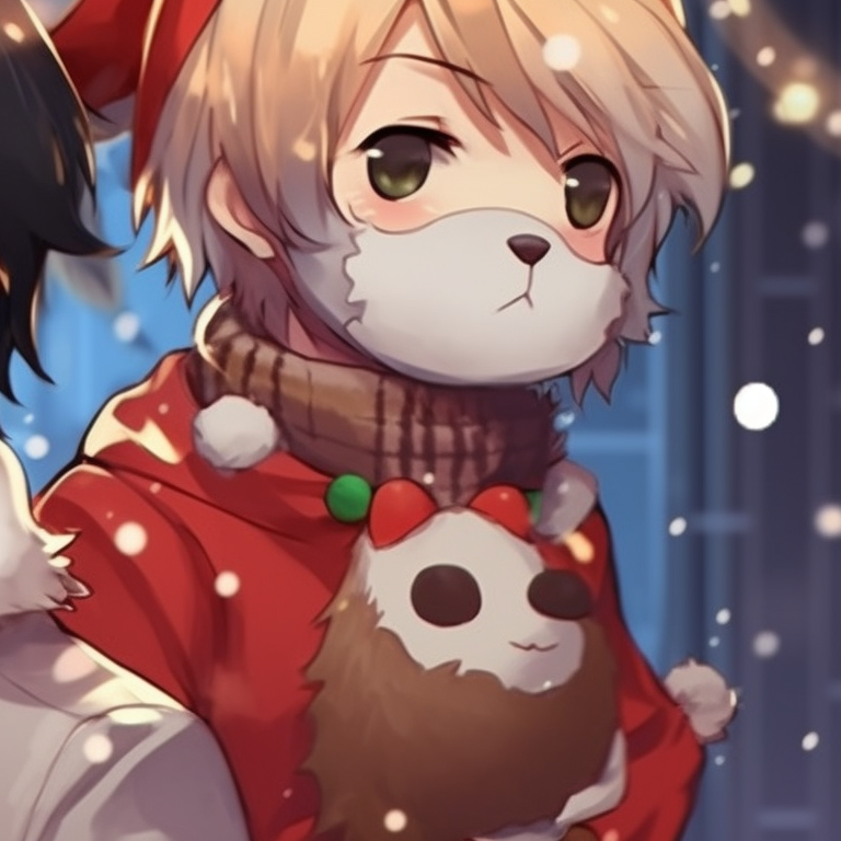 Two characters in winter attire, snowy backdrop, matching smiles. top matching christmas anime boy pfp pfp for discord.
