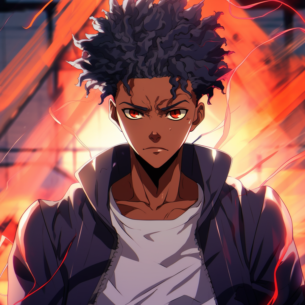 Close-up portrait of a Black anime character, strong shading and vibrant background. inspiring black anime pfp artwork