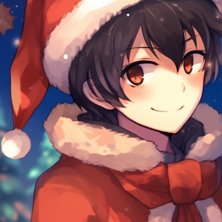 Two characters, a blend of warm hues and detailed textures, sharing a hot beverage in a room decorated for Christmas. christmas anime matching pfp pfp for discord.