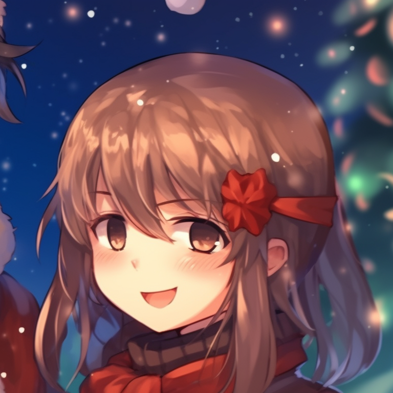 Two characters, a blend of warm hues and detailed textures, sharing a hot beverage in a room decorated for Christmas. christmas anime matching pfp pfp for discord.