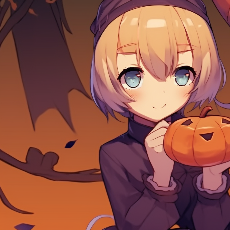 Two characters in complementary pumpkin outfits, warm colors and playful aesthetic, sharing a pumpkin. anime hot matching pfp halloween theme pfp for discord.