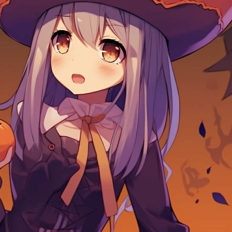 Two characters in complementary pumpkin outfits, warm colors and playful aesthetic, sharing a pumpkin. anime hot matching pfp halloween theme pfp for discord.