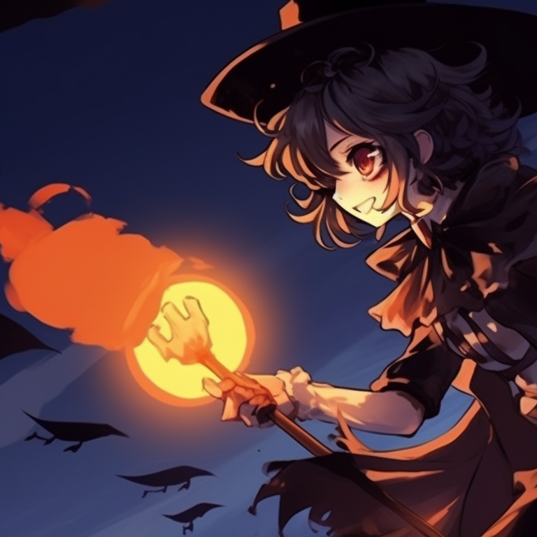 Two characters, one as a smiling skeleton and another as a scared ghost, vivid colors against a dark night sky. anime halloween pfp ideas pfp for discord.