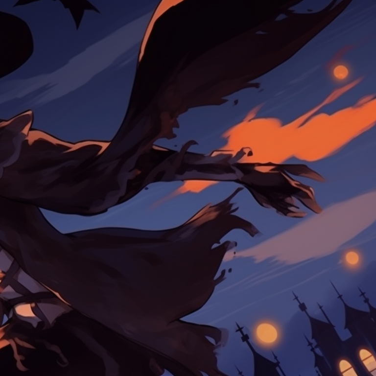 Two characters, one as a smiling skeleton and another as a scared ghost, vivid colors against a dark night sky. anime halloween pfp ideas pfp for discord.