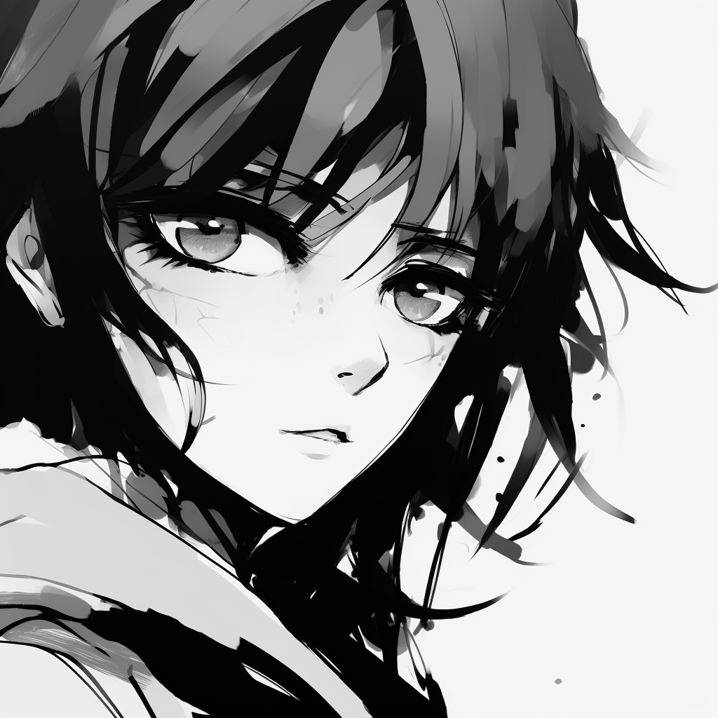 A single character in black and white, emphasis on intricate facial features. unique anime black and white pfp