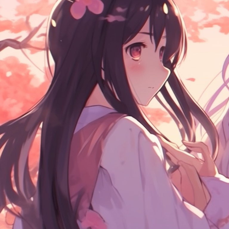 Two characters under blooming sakura trees, pastel hues, and traditional clothing. latest trends in matching anime pfp for best friends pfp for discord.