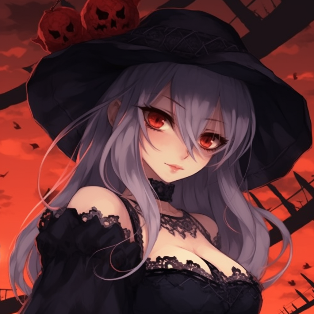 Anime girl morphed into a vampire, distinct red eyes and pale complexion. halloween pfp anime girls