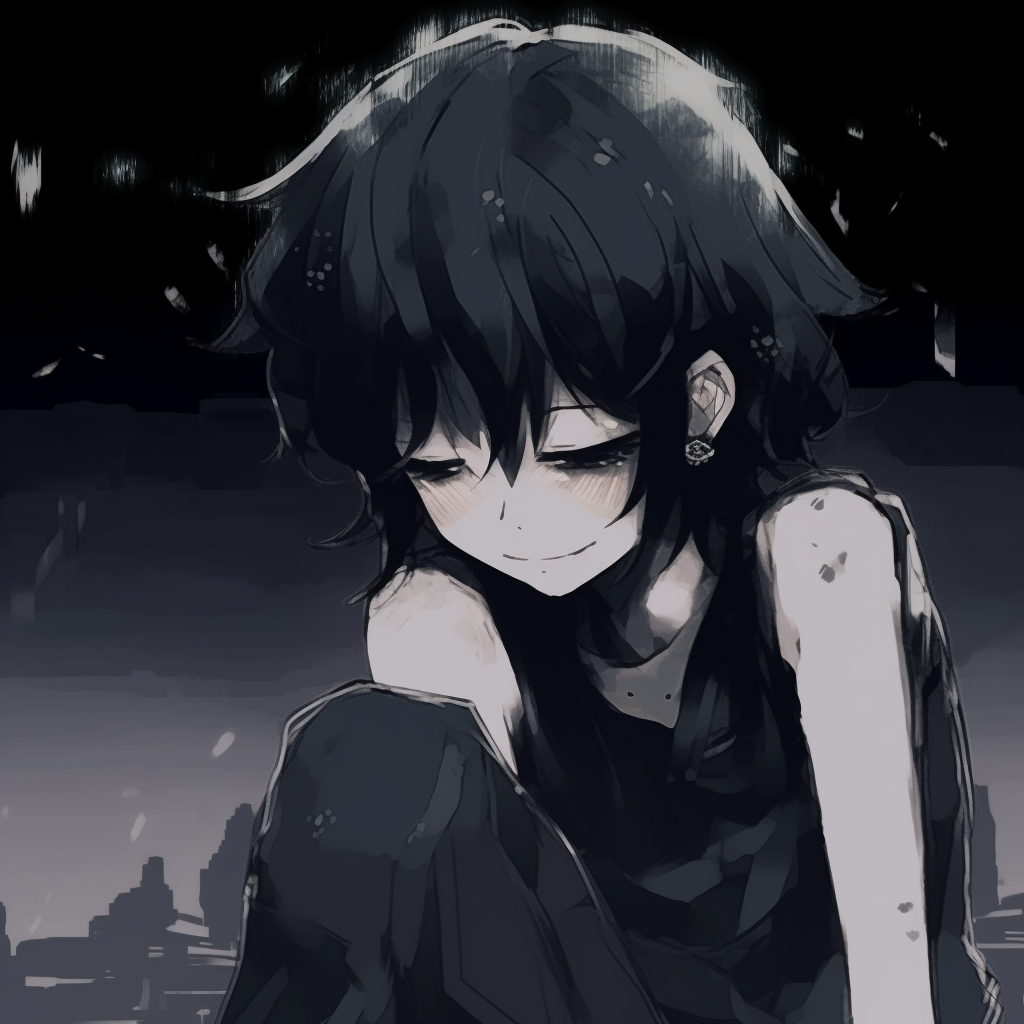 Gothic Lolita styled emo anime character, showcasing elaborate costume details and a contrasting dark and pastel color scheme. emo pfp anime aesthetic