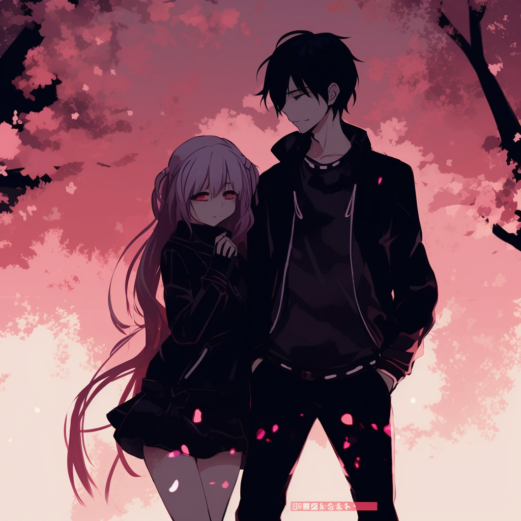 Profile picture of an anime couple surrounded by falling sakura petals, vibrant color contrast and dynamic imagery. cool anime couple pfp
