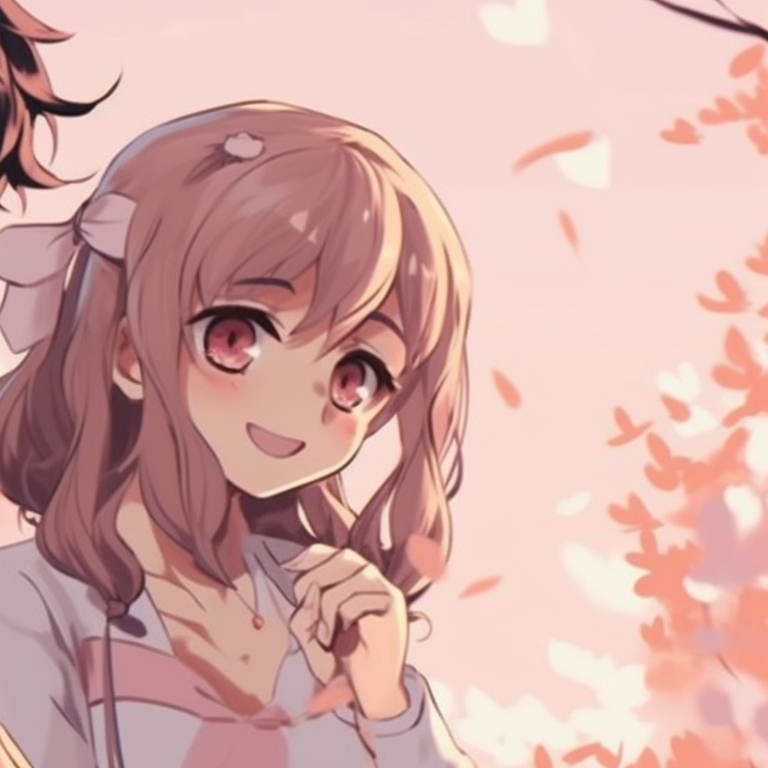 Two characters under cherry blossom trees, pastel tones with soft shading. best male and female matching pfp friends pfp for discord.