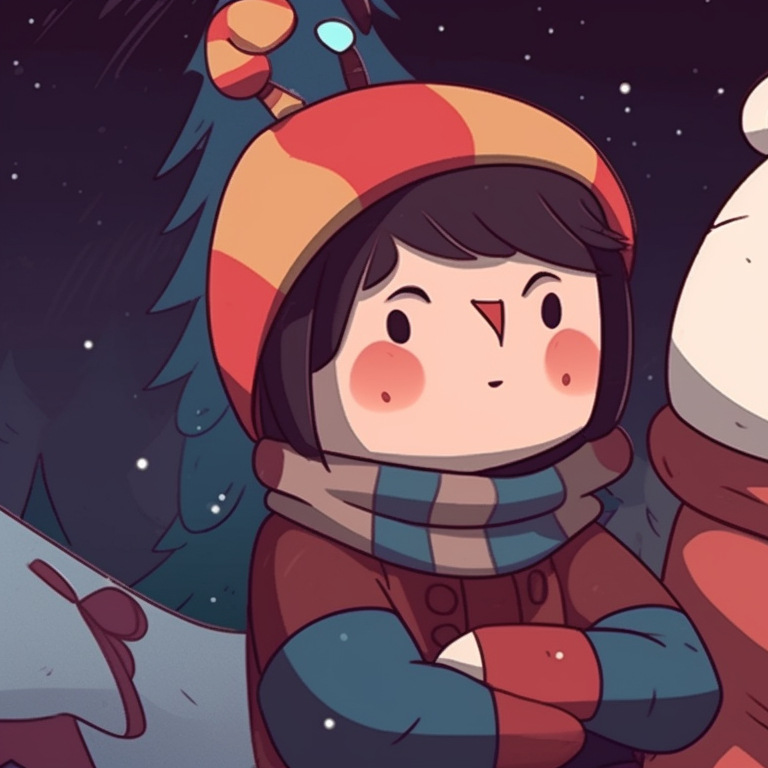 Two characters in harmony, pastel background, Christmas trees on the side. unique matching retro aesthetic cartoon pfp christmas themes pfp for discord.