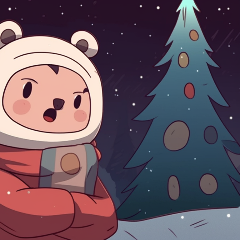 Two characters in harmony, pastel background, Christmas trees on the side. unique matching retro aesthetic cartoon pfp christmas themes pfp for discord.