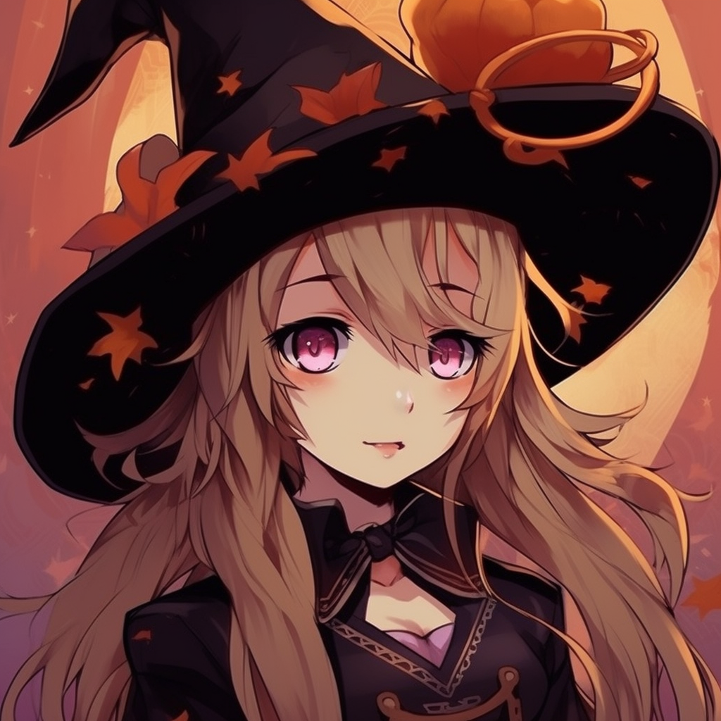 Eyes of an adorable anime witch, expressive details and alluring Halloween colors. adorable anime halloween pfp